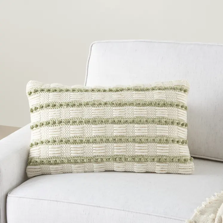 12" X 20" Sage and Ivory Striped Cotton Blend Throw Pillow With Texture