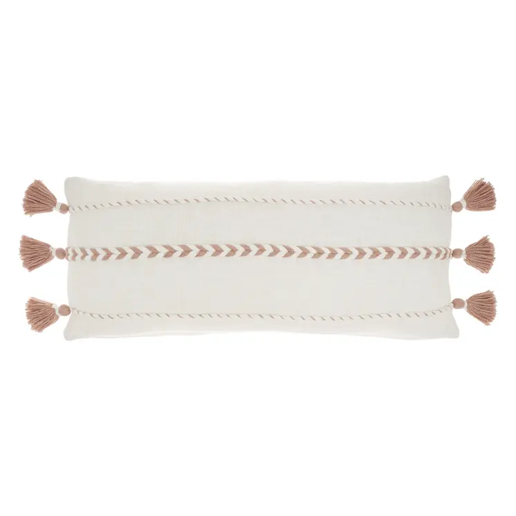 12" X 30" Pink and White Striped Cotton Lumbar Throw Pillow With Tassels