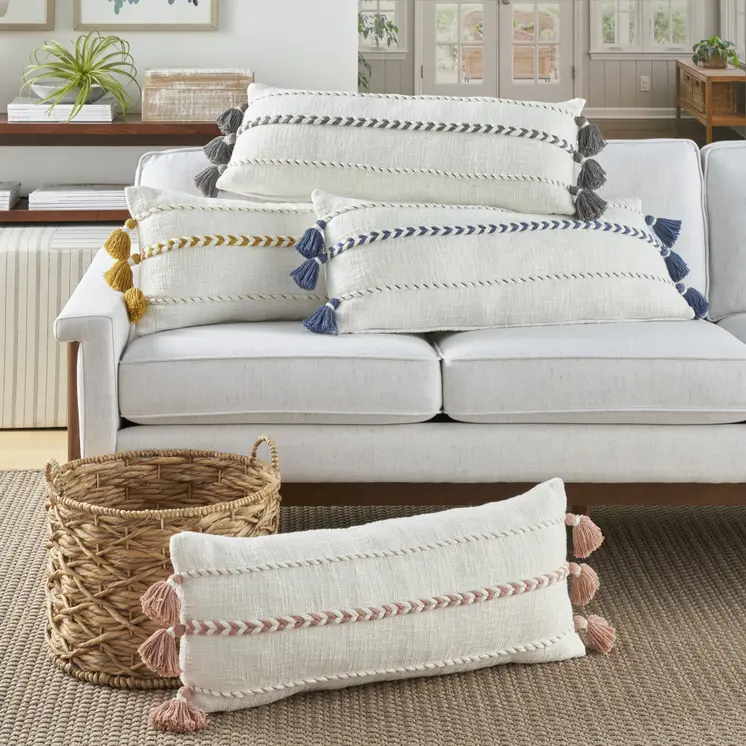 12" X 30" Gray and White Striped Cotton Lumbar Throw Pillow With Tassels