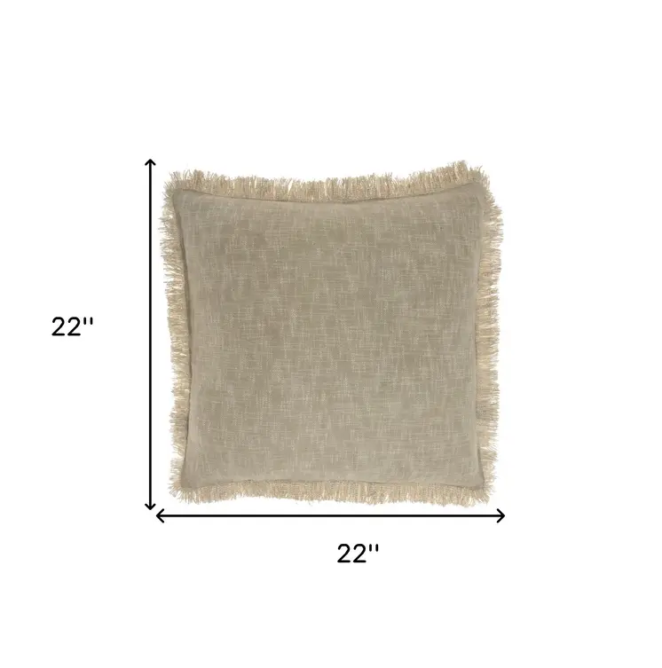 22" Taupe Cotton Throw Pillow With Fringe