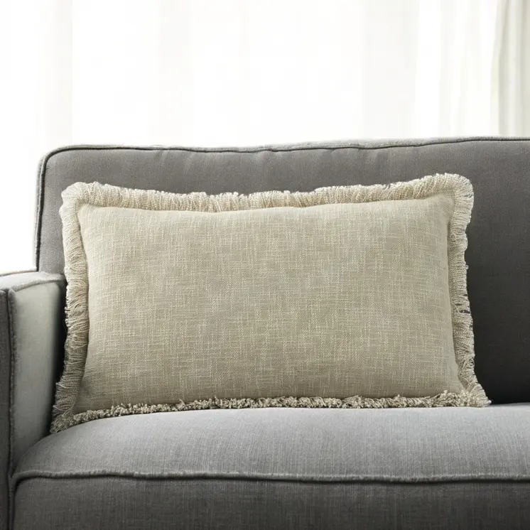 14" X 24" Taupe Cotton Lumbar Throw Pillow with Fringe