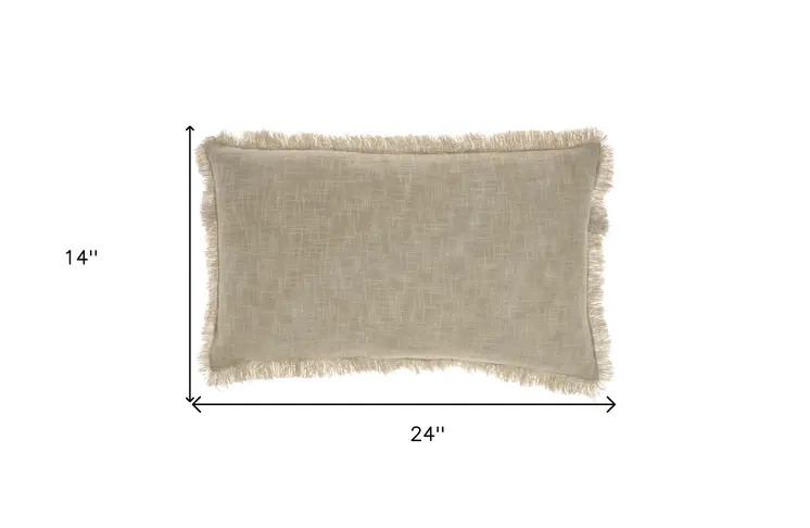 14" X 24" Taupe Cotton Lumbar Throw Pillow with Fringe