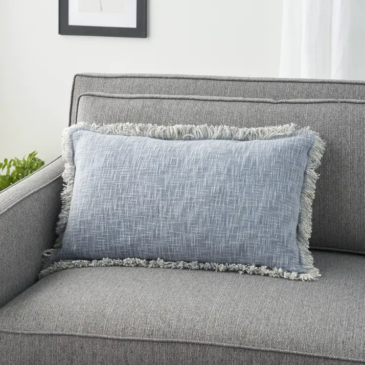 14" X 24" Blue Cotton Throw Pillow With Fringe