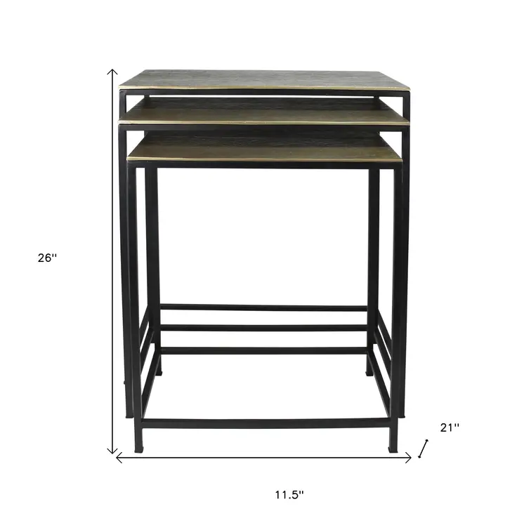 Set of Three Brass and Black Aluminum and Iron Frame Nested Tables
