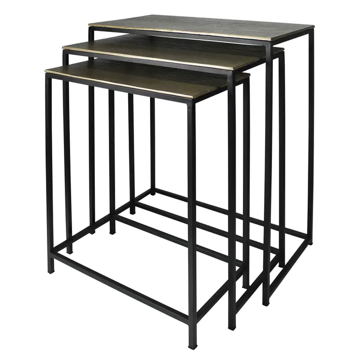 Set of Three Brass and Black Aluminum and Iron Frame Nested Tables