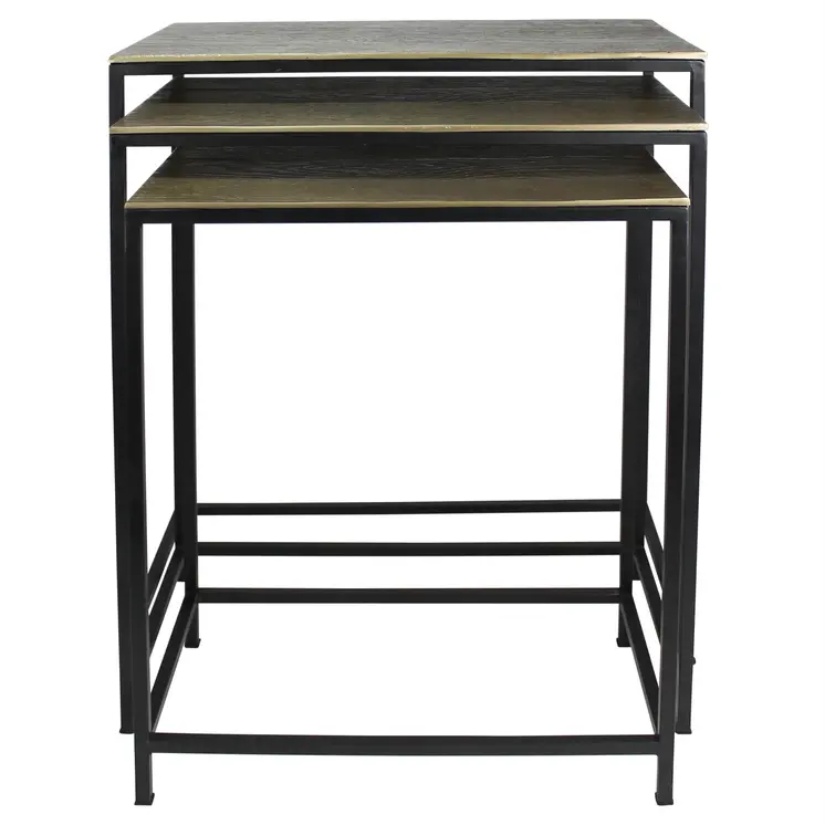 Set of Three Brass and Black Aluminum and Iron Frame Nested Tables