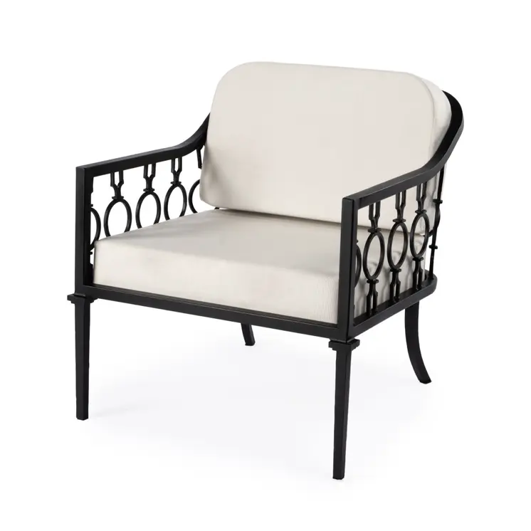 26" Black Metal Outdoor Arm Chair with Ivory Cushion