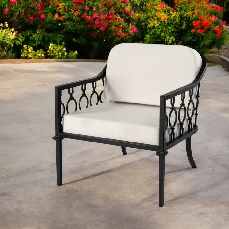 26" Black Metal Outdoor Arm Chair with Ivory Cushion