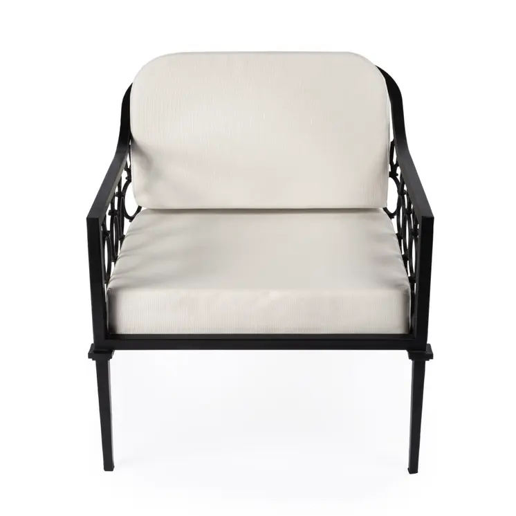 26" Black Metal Outdoor Arm Chair with Ivory Cushion