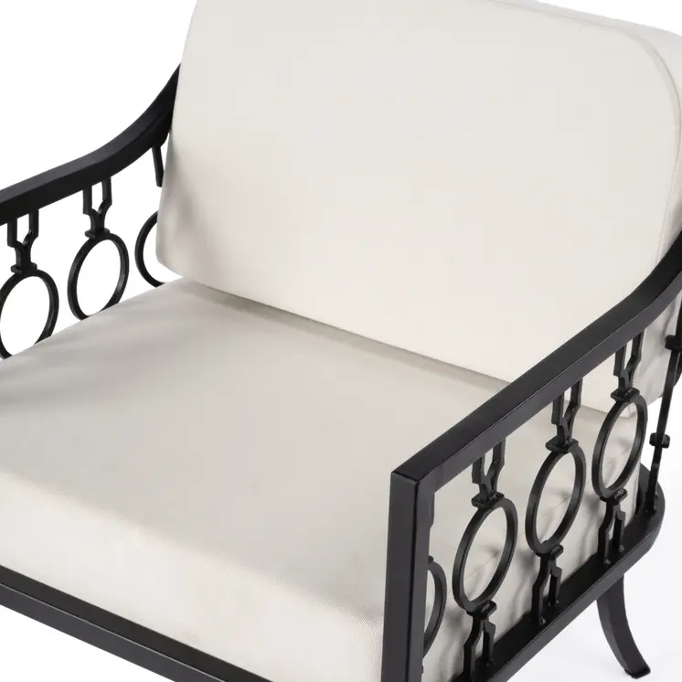 26" Black Metal Outdoor Arm Chair with Ivory Cushion