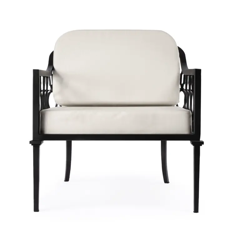 26" Black Metal Outdoor Arm Chair with Ivory Cushion