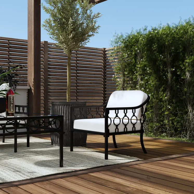 26" Black Metal Outdoor Arm Chair with Ivory Cushion