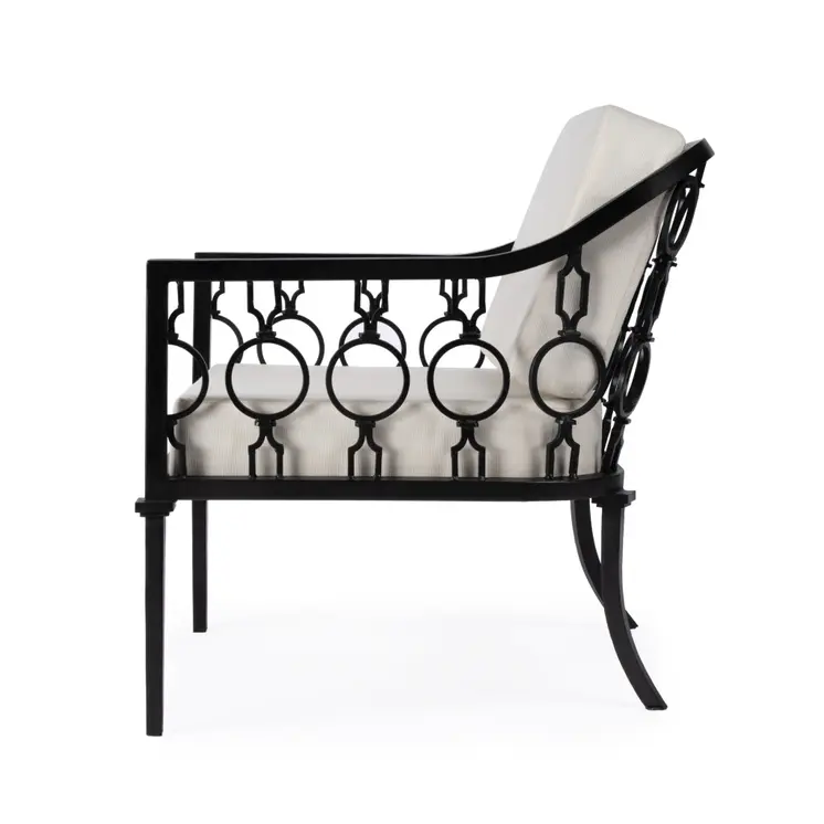 26" Black Metal Outdoor Arm Chair with Ivory Cushion
