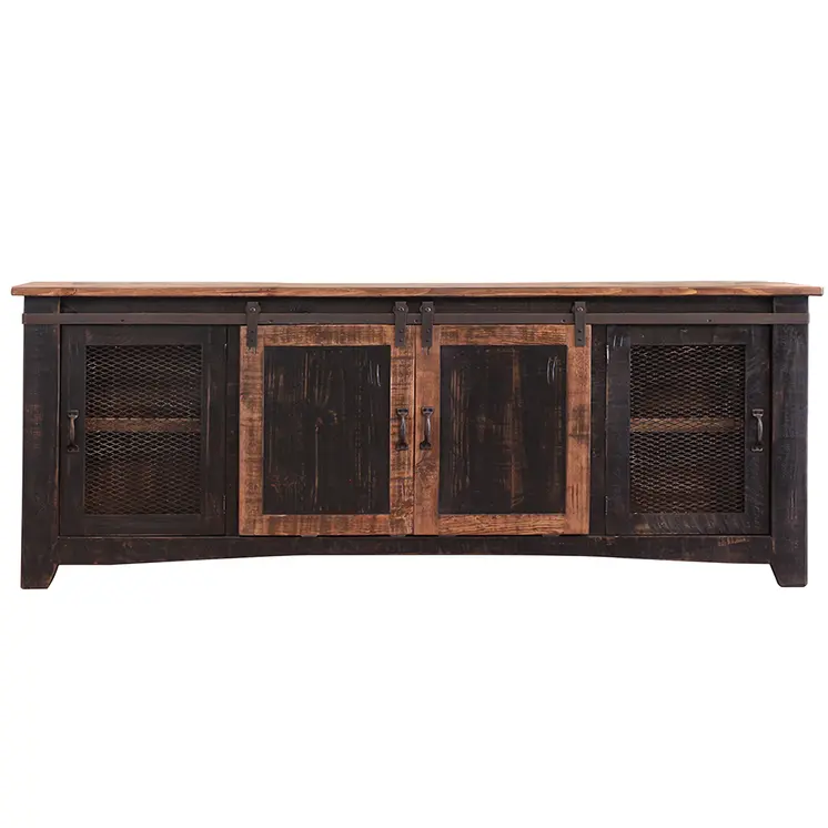 79" Black Solid Wood Cabinet Enclosed Storage Distressed TV Stand