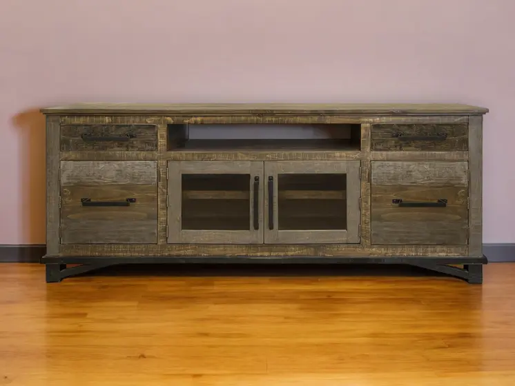 76" Brown Solid Wood Cabinet Enclosed Storage Distressed TV Stand