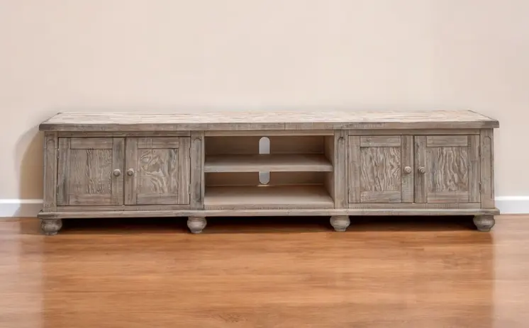93" Desert Sand Solid Wood Cabinet Enclosed Storage Distressed TV Stand