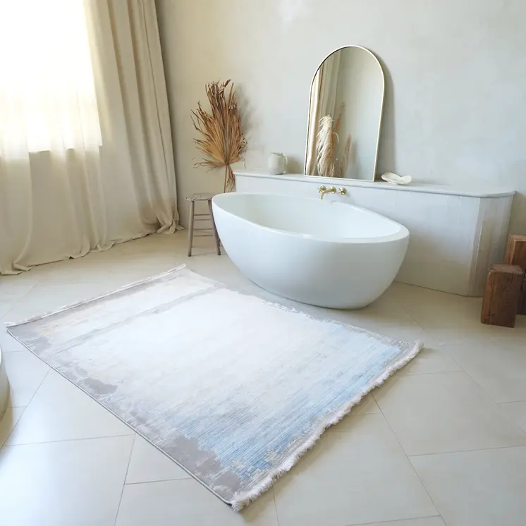 9' X 12' Beige and Blue Abstract Washable Non Skid Area Rug