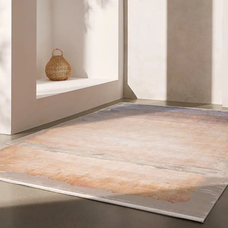 9' X 12' Beige and Blue Abstract Washable Non Skid Area Rug