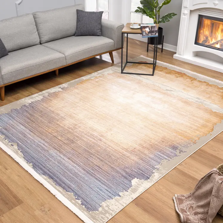 9' X 12' Beige and Blue Abstract Washable Non Skid Area Rug