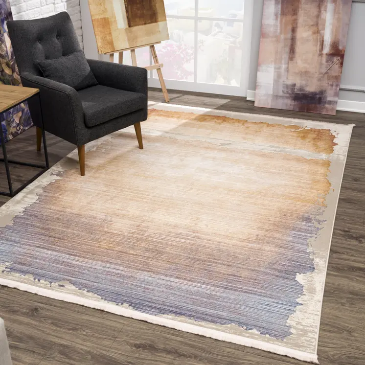 9' X 12' Beige and Blue Abstract Washable Non Skid Area Rug