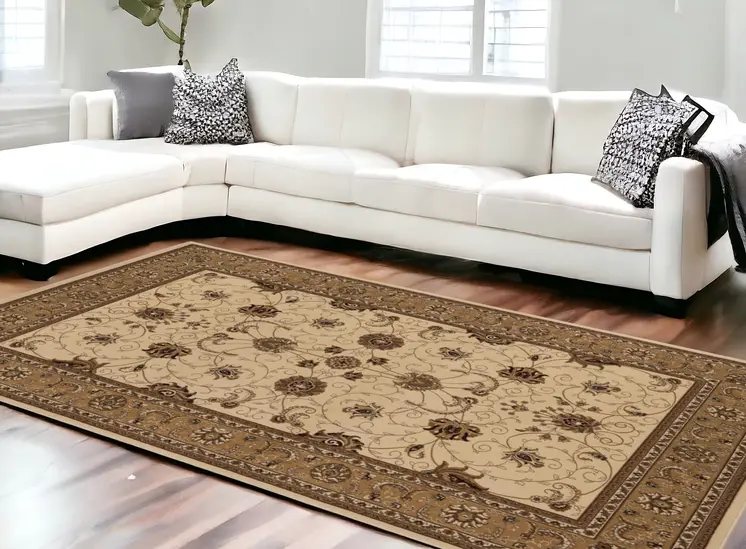 10' X 13' Beige and Brown Oriental Washable Non Skid Area Rug