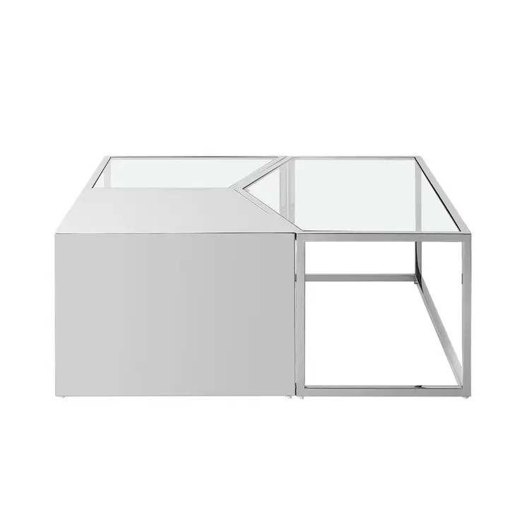 Set of Three 37" Clear And Silver Glass  Stainless Steel Square Mirrored Bunching Coffee Tables