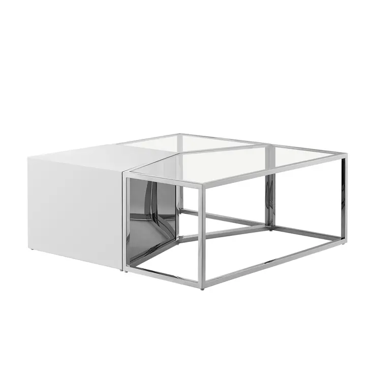 Set of Three 37" Clear And Silver Glass  Stainless Steel Square Mirrored Bunching Coffee Tables