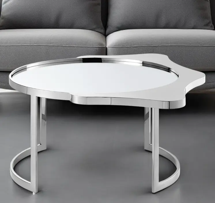 32" Silver Glass And Stainless Steel Round Mirrored Coffee Table