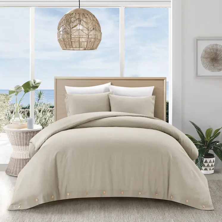 Beige King 100% Cotton 140 Thread Count Washable Duvet Cover Set