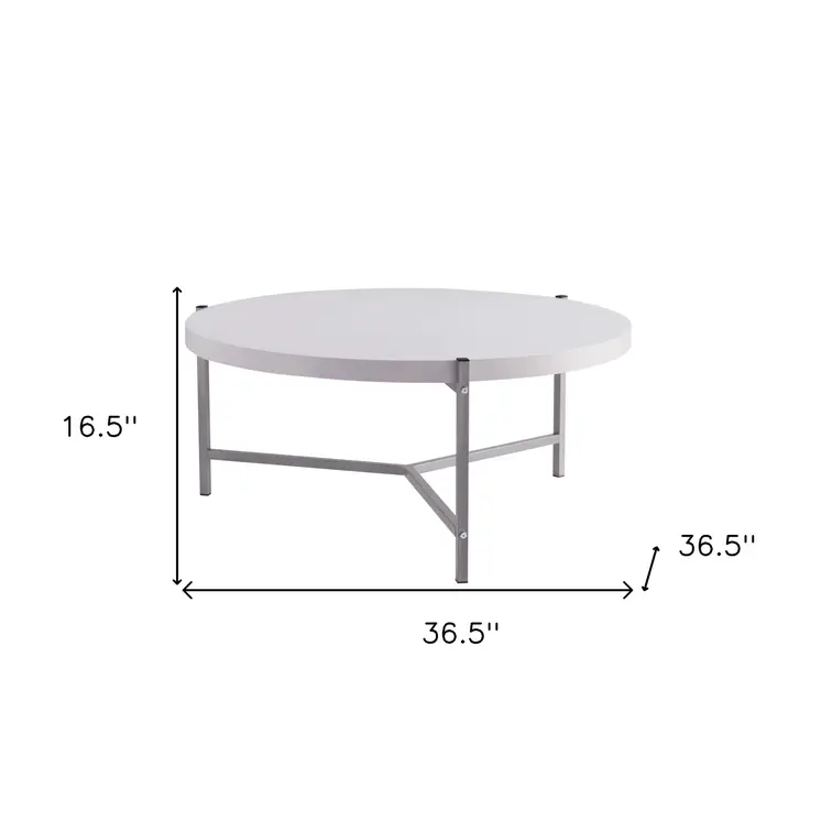 37" White And Silver Wood And Stainless Steel Round Coffee Table
