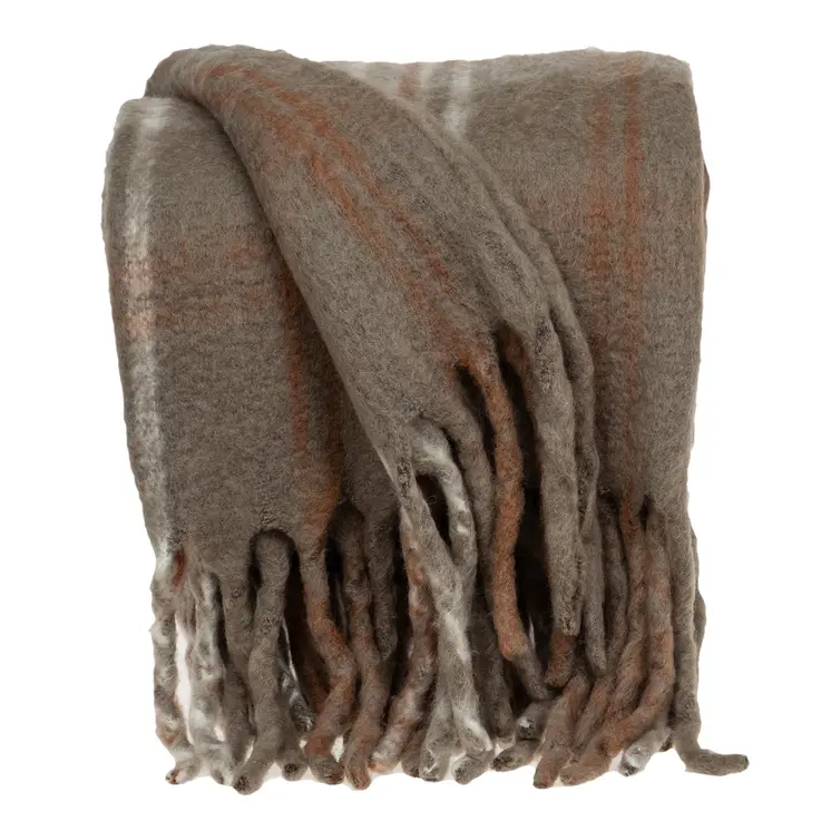 52" X 67" Brown Rust and Ivory Woven Wool Acrylic Blend Plaid Throw Blanket with Fringe