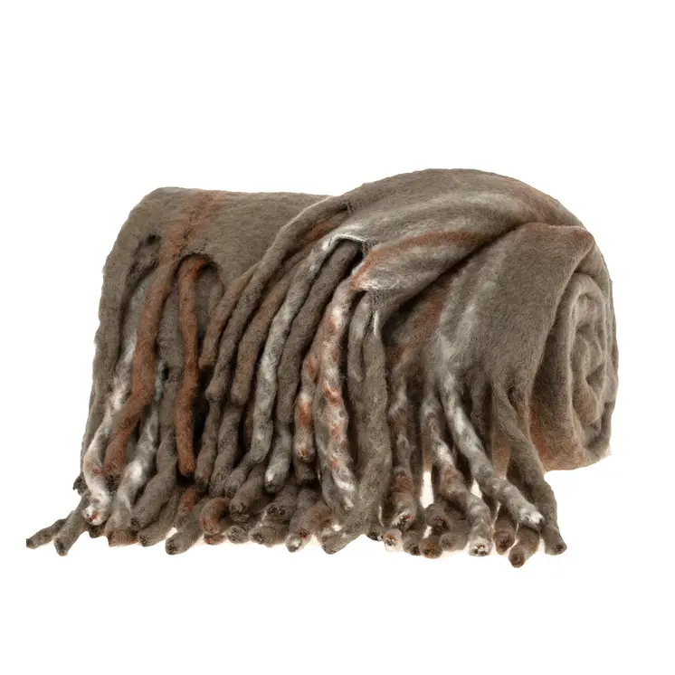 52" X 67" Brown Rust and Ivory Woven Wool Acrylic Blend Plaid Throw Blanket with Fringe