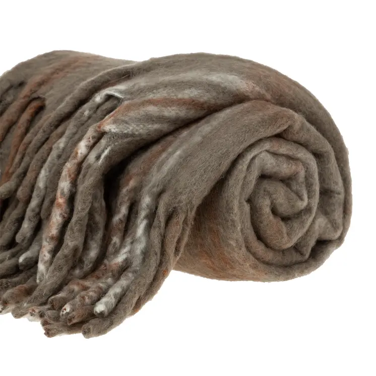 52" X 67" Brown Rust and Ivory Woven Wool Acrylic Blend Plaid Throw Blanket with Fringe
