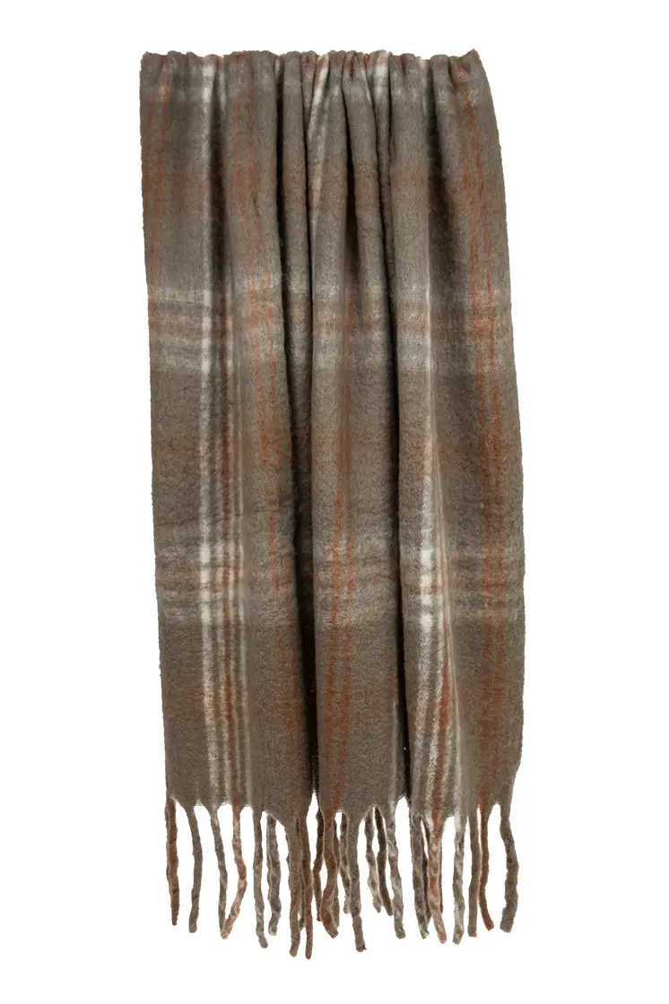 52" X 67" Brown Rust and Ivory Woven Wool Acrylic Blend Plaid Throw Blanket with Fringe