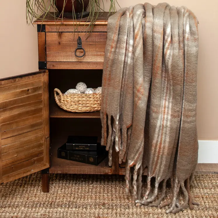 52" X 67" Brown Rust and Ivory Woven Wool Acrylic Blend Plaid Throw Blanket with Fringe