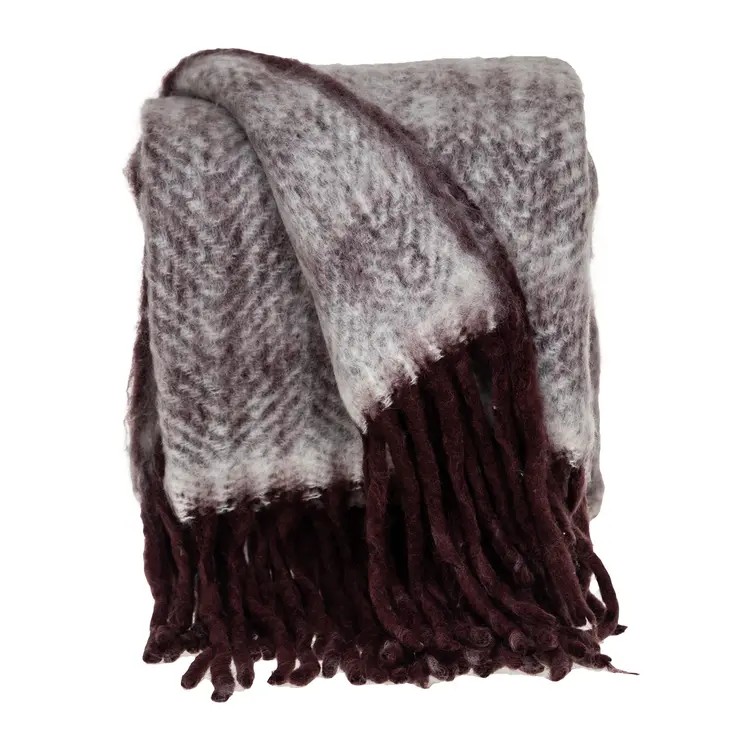 52" X 67" Dark Purple Woven Wool Blend Chevron Throw Blanket with Fringe