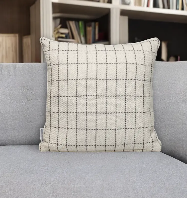 18" Gray and White Plaid Cotton Throw Pillow