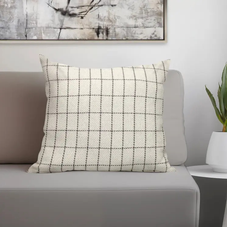 18" Gray and White Plaid Cotton Throw Pillow
