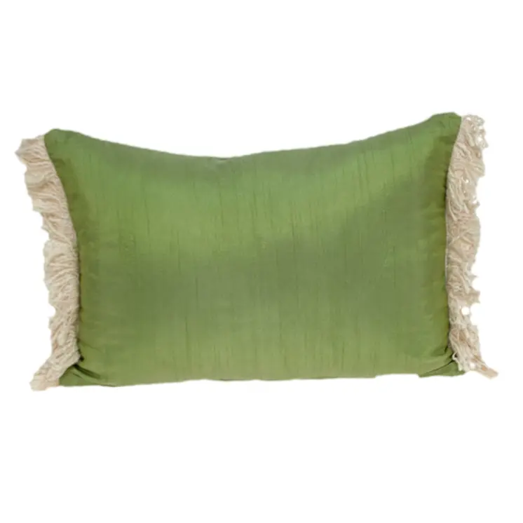 14" X 20" Beige and Green Cotton Lumbar Throw Pillow with Embroidery and Fringe