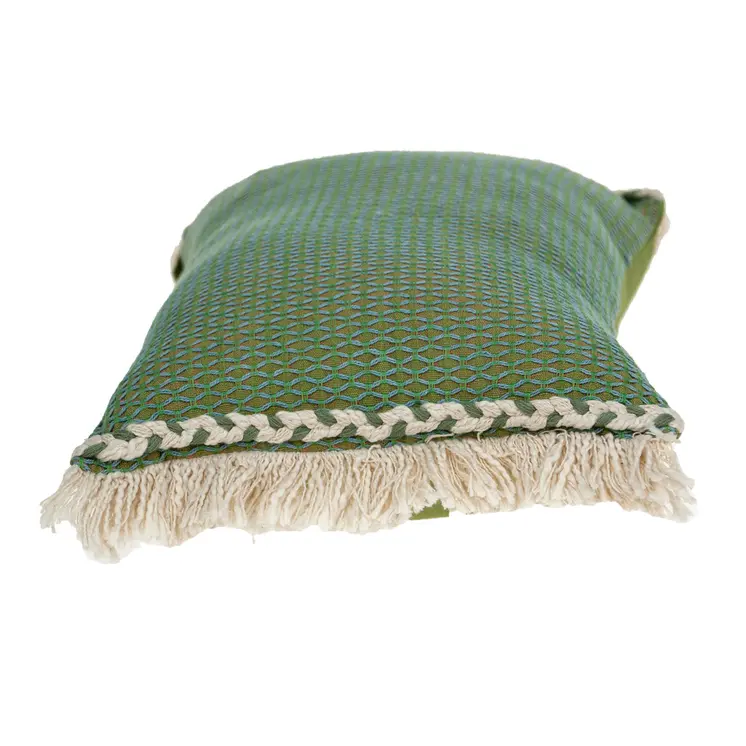 14" X 20" Beige and Green Cotton Lumbar Throw Pillow with Embroidery and Fringe