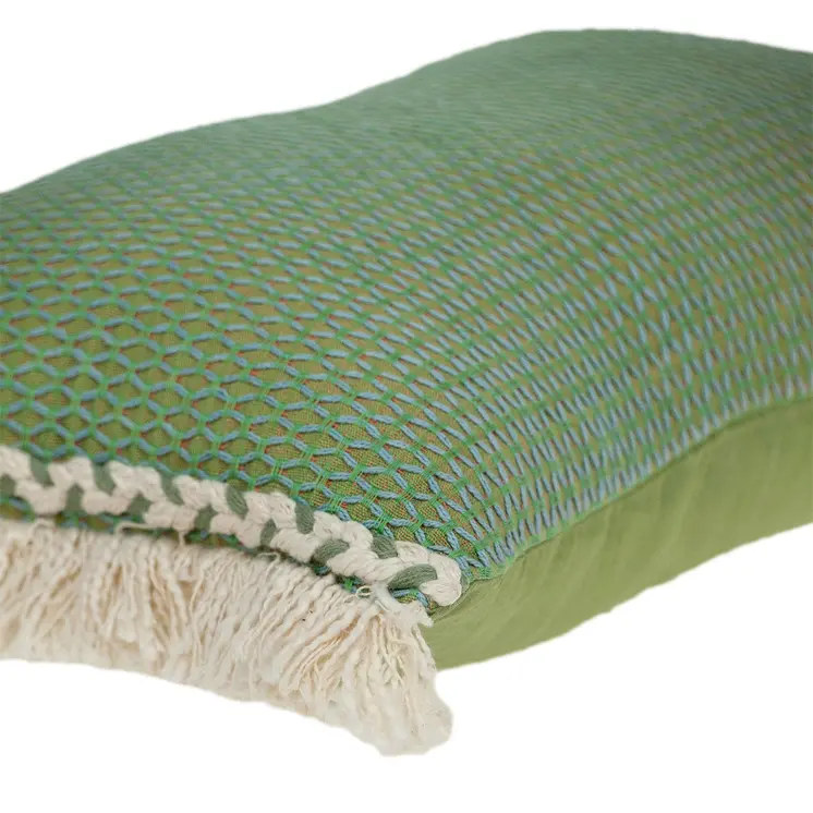 14" X 20" Beige and Green Cotton Lumbar Throw Pillow with Embroidery and Fringe