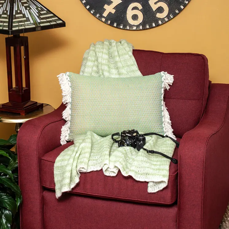 14" X 20" Beige and Green Cotton Lumbar Throw Pillow with Embroidery and Fringe