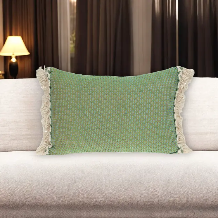 14" X 20" Beige and Green Cotton Lumbar Throw Pillow with Embroidery and Fringe
