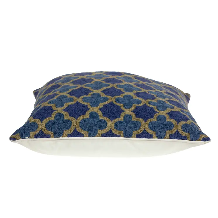 20" Blue and Brown Quatrefoil Wool Throw Pillow With Embroidery