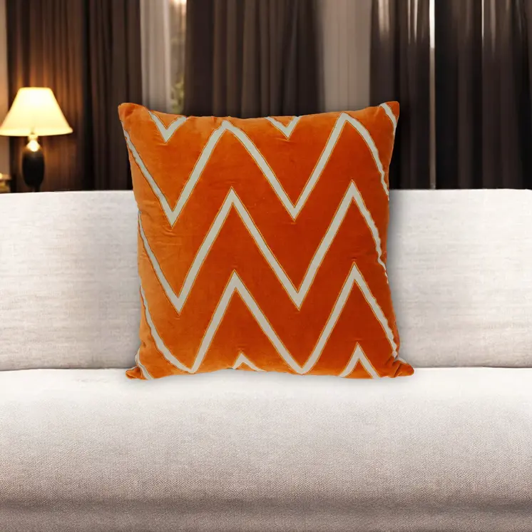 22" Beige and Orange Zigzag Cotton Throw Pillow With Embroidery, Applique