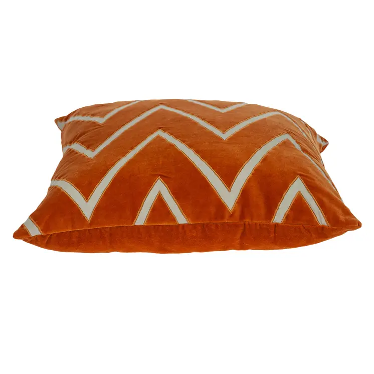 22" Beige and Orange Zigzag Cotton Throw Pillow With Embroidery, Applique