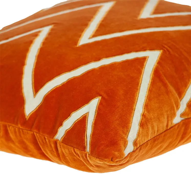 22" Beige and Orange Zigzag Cotton Throw Pillow With Embroidery, Applique