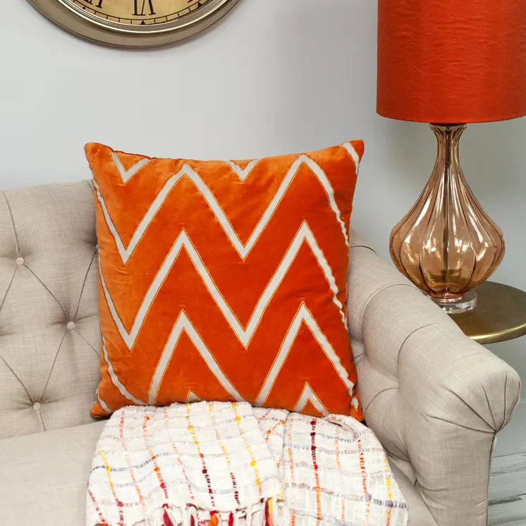 22" Beige and Orange Zigzag Cotton Throw Pillow With Embroidery, Applique