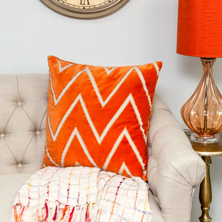 22" Beige and Orange Zigzag Cotton Throw Pillow With Embroidery, Applique
