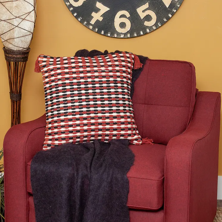20" Red and Black Cotton Throw Pillow with Tassels